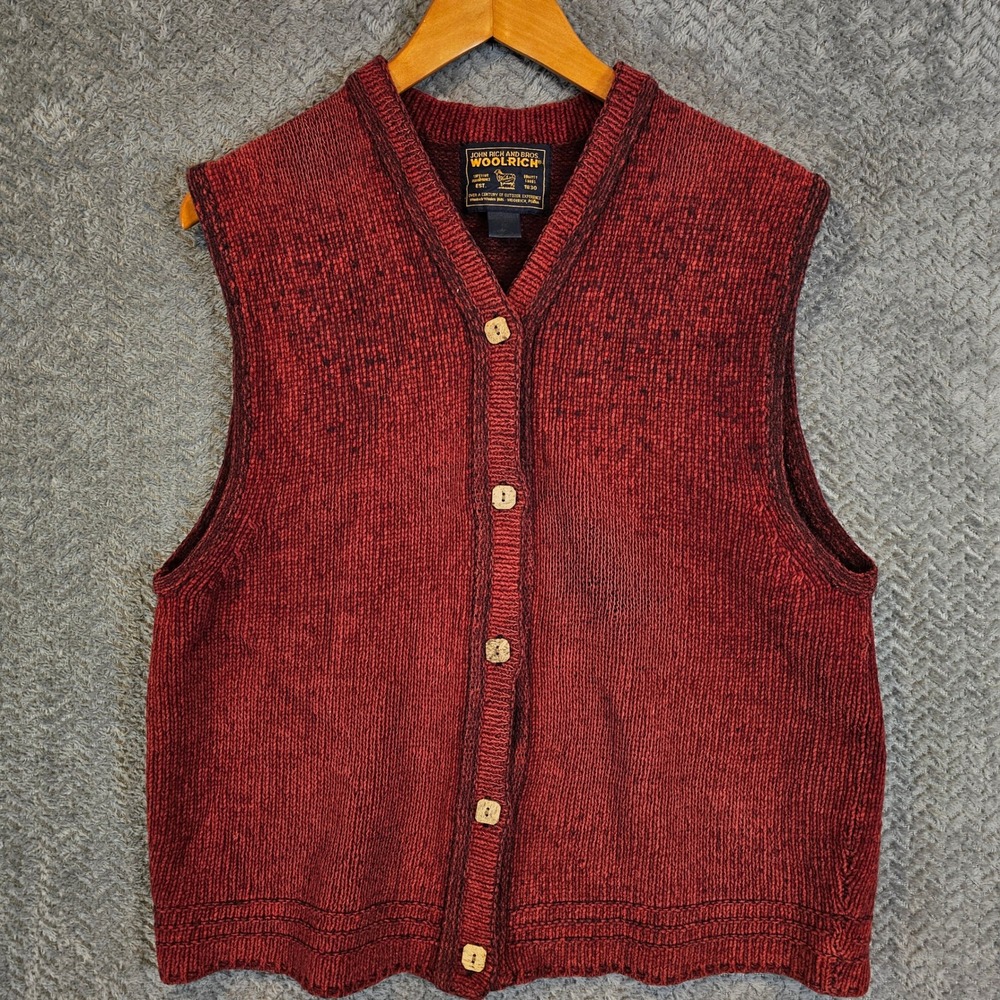 VTG Woolrich John Rich Bros Womens XL Claret Red Cotton‎ Wool Knit Button Vest